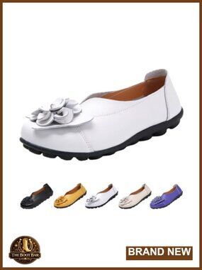 Women's Leather Slip On Loafers Bow Flower Flat Handmade Shoes